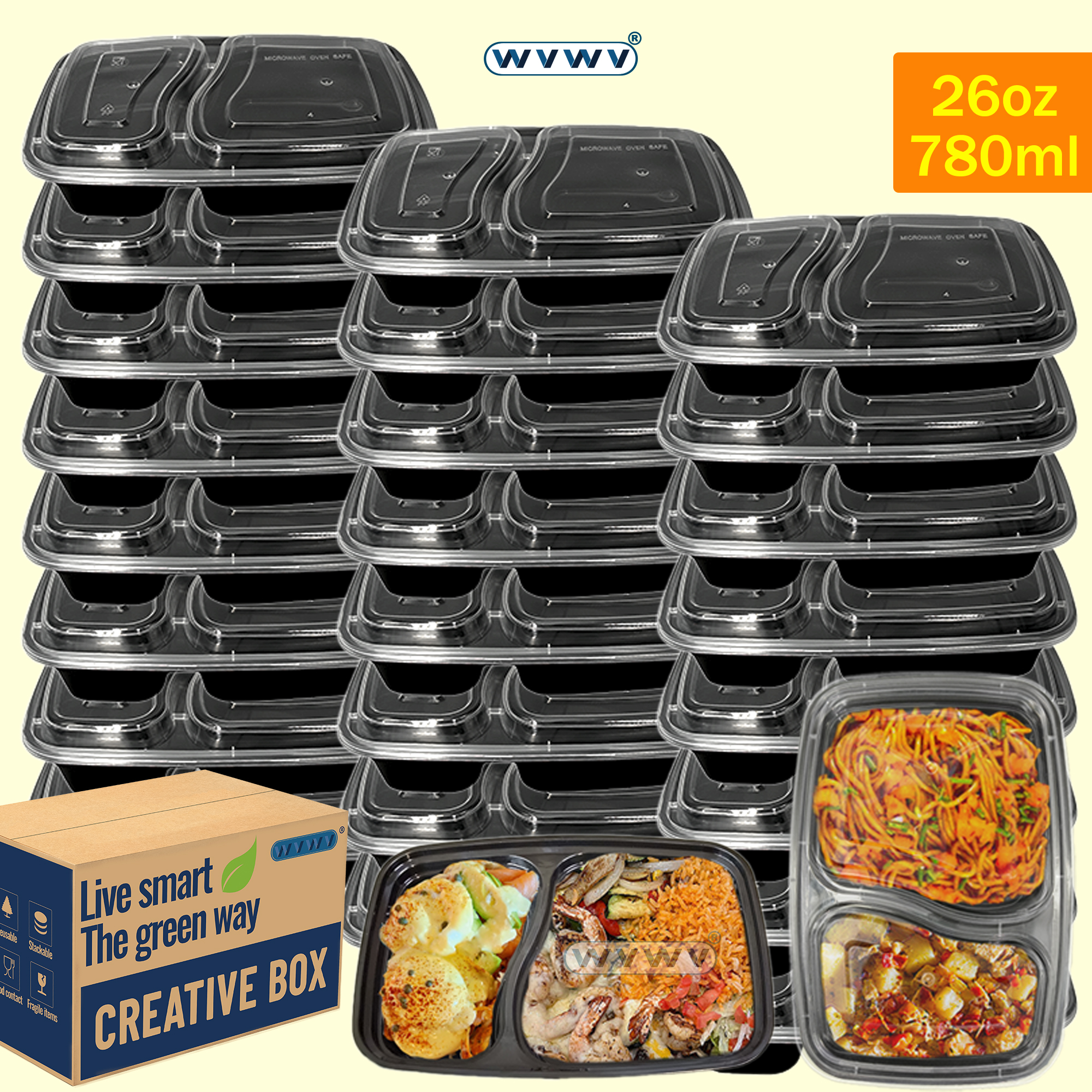 Fast Food With Snacks - 10/40 Pack 26 oz Two-Compartment Food